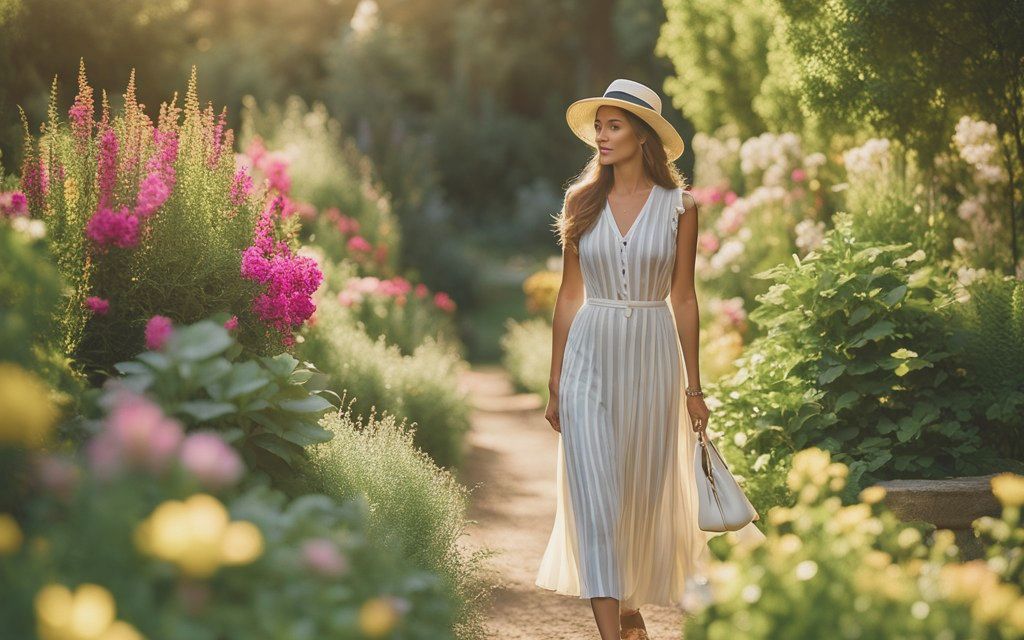 A 35 years old woman named Teresa walk in the beautiful garden