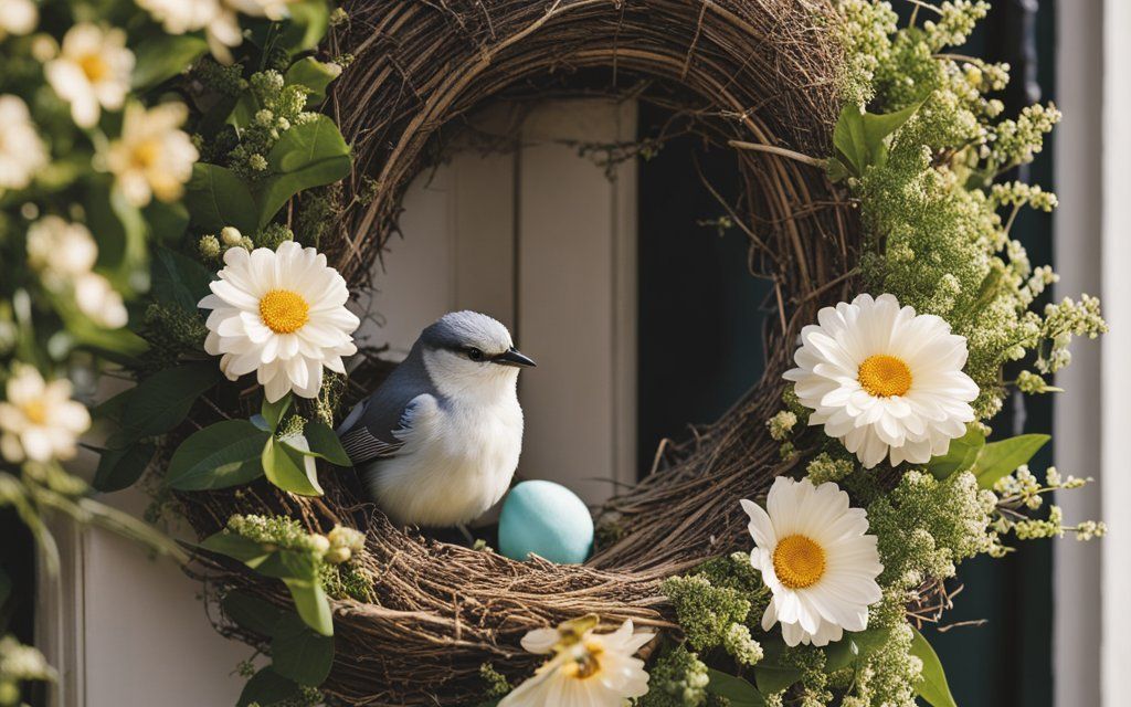 A bird's nest delicately perched on a wreath at the front door of a home, surrounded by blooming flowers