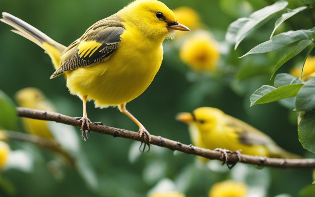 a group of yellow birds in the beautiful garden