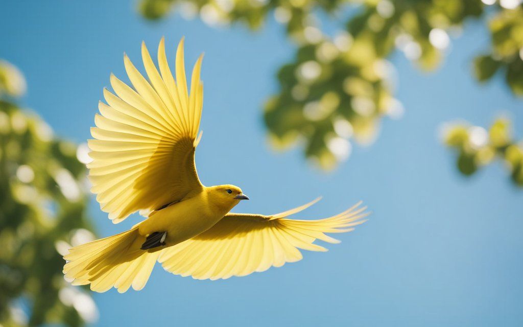 a yellow bird flying in the sky in paradise